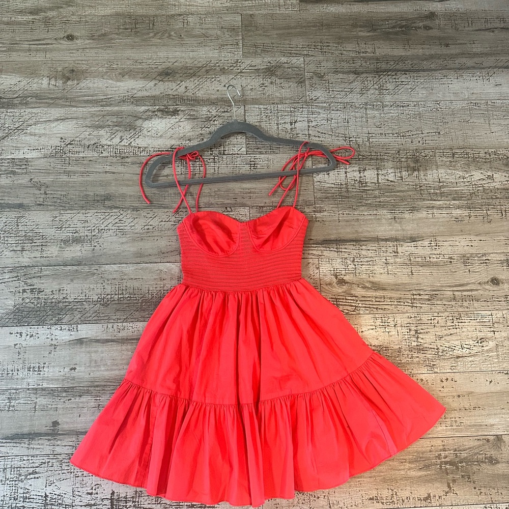 STAUD Red Smocked Tiered Mini Dress – Size S